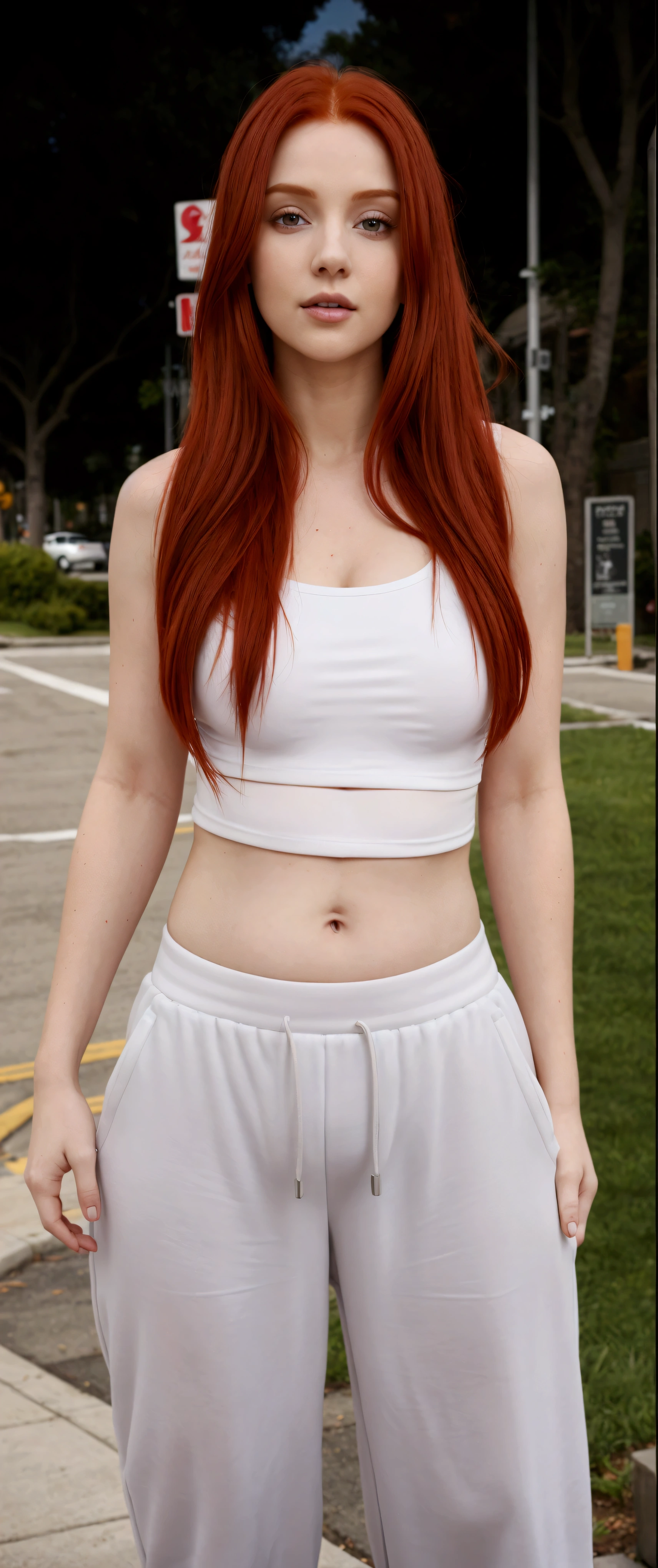a red-haired woman wearing a basic white blouse and gray sweatpants standing on a sidewalk, her belly button is exposed, flat-chested, navel showing, wearing a sexy crop top and sweatpants, exposed belly, Waist slender, beautiful belly, wearing a short top, nude belly