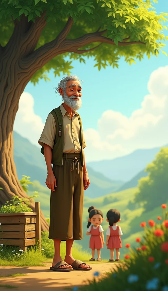 Mr. Tu is an old man., skinny, silver hair, tanned skin. He often wears simple clothes like old shirts., long pants and sandals. He has a gentle face, smile beard. Everyone in the village loves him.. All the kids came to him to play 3D animation.