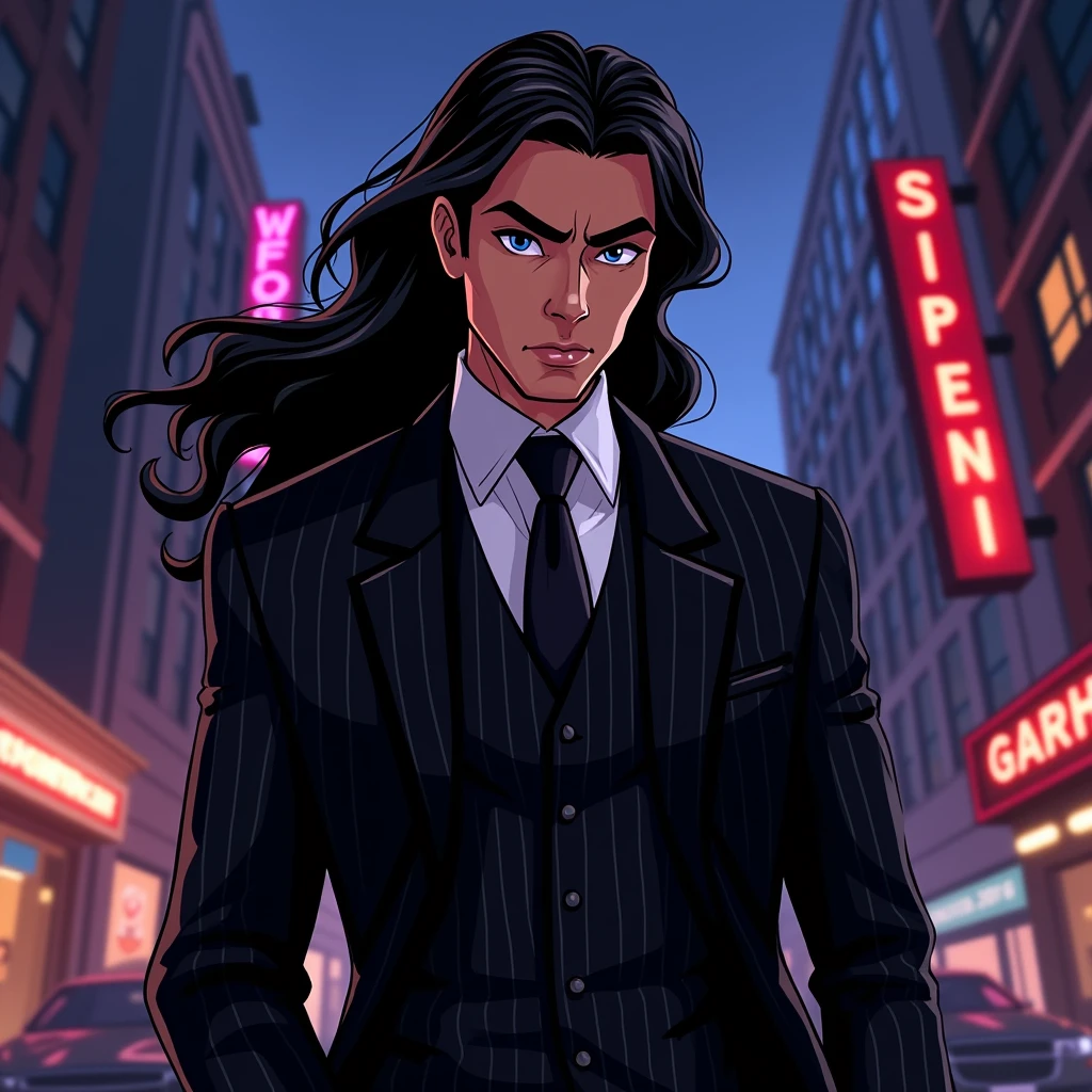 A mafia man, Long hair,Asian men, detailed face, cartoon art