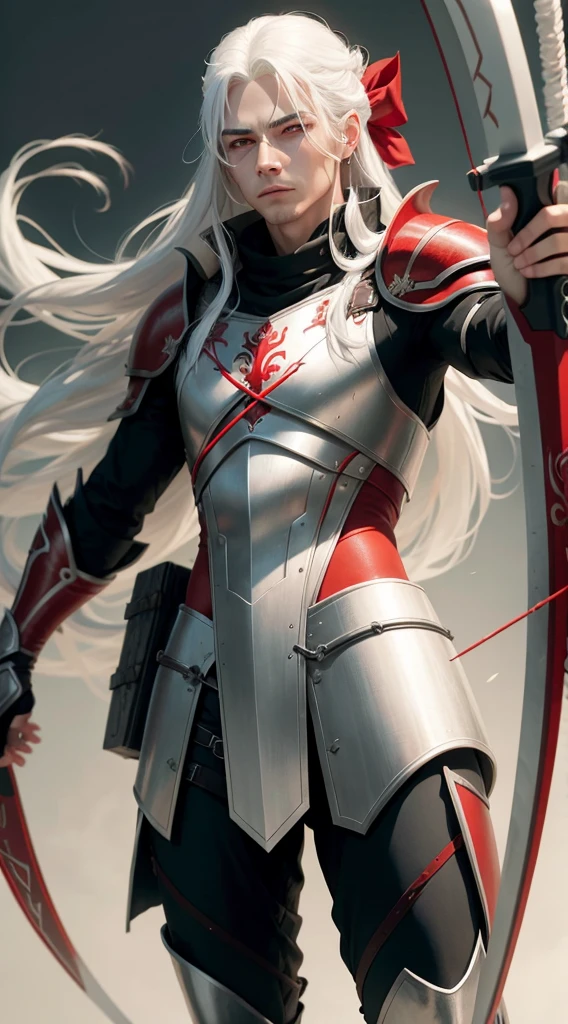 solo male, long straight white hair, red mark on cheek, wearing black armor, red eyes, holding bow and arrows, masterpiece, ultra high quality, perfect anatomy, perfect details