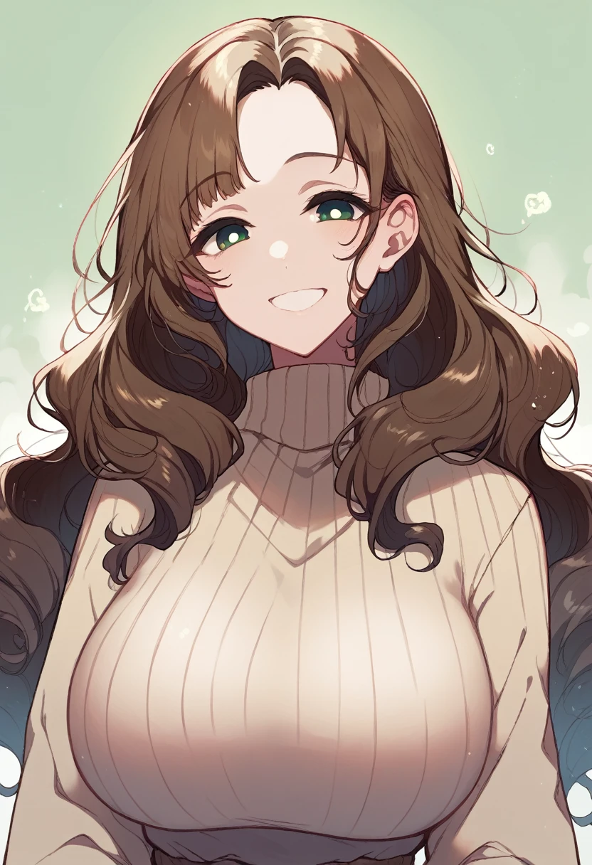 Chestnut brown hair, type 2A wavy hair, yellow-green eyes, smiling, voluptuous, beige turtleneck close-up