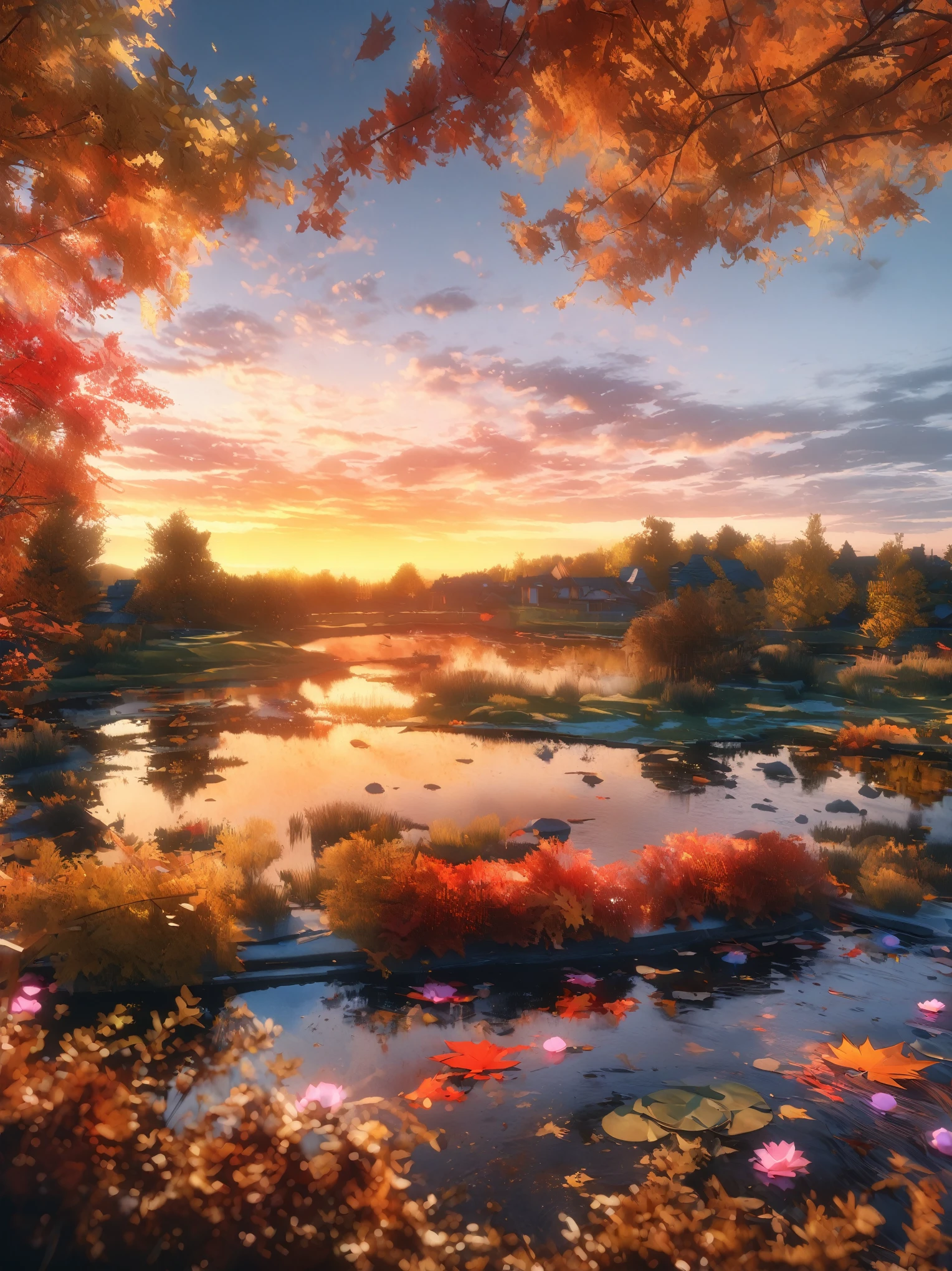 DIY16,best quality, Ultra HD, masterpieces, 8K, Practical, Anime style, 3D Rendering,(Pond in the evening:1.2), (8K, best quality, masterpiece:1.2), (Ultra-high resolution:1.0), Extremely bright design, Soft colors, (ink:1.3), Autumn Lights, High Detail, dramatic, photoPractical painting art