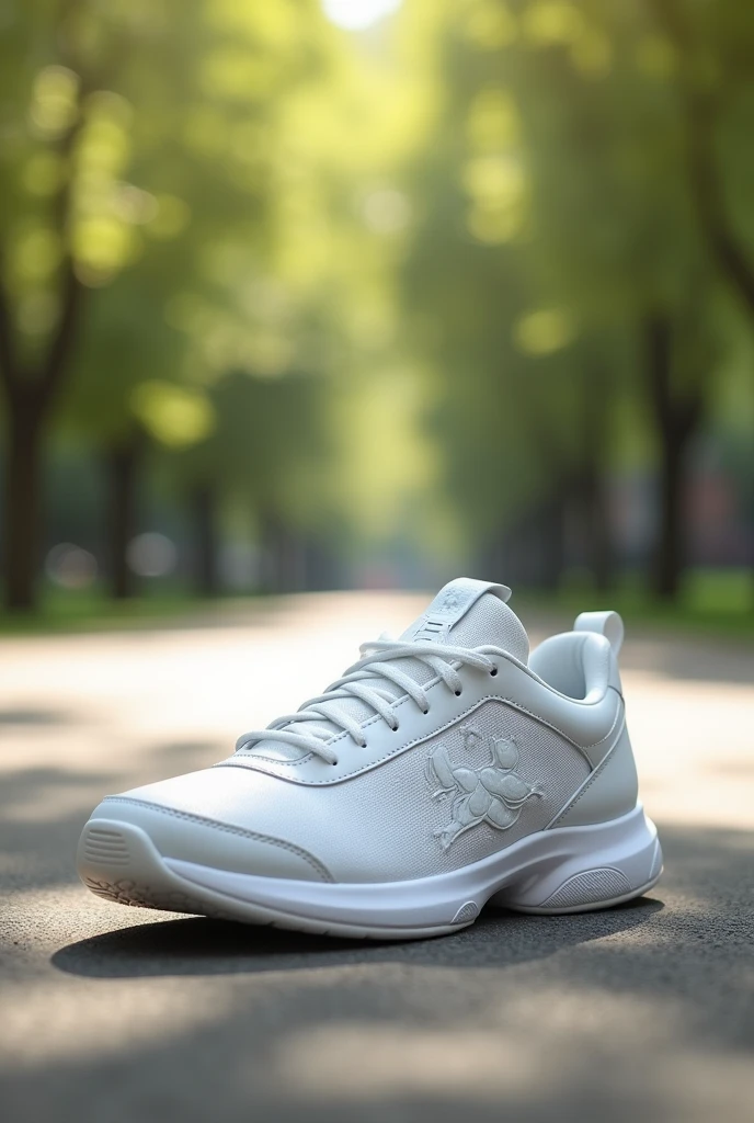 Create a casual tennis shoe all white with the logo being a phoenix