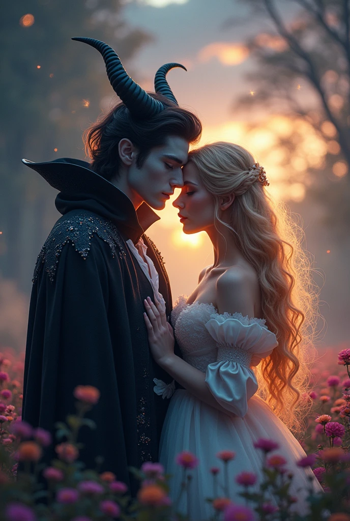 Make a character similar to Sleeping Beauty, blonde golden hair, violet eyes, red and plump lips. Along with a character similar to the male version of Maleficent. pale, with horns and black hair similar to Malleus Dracconia from Twisted Wonderland, looking like a dark fairy.