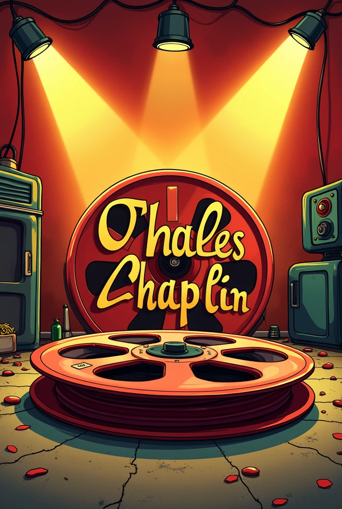 A comic style vignette of a camera tape with the words written on it "Charles Chaplin"