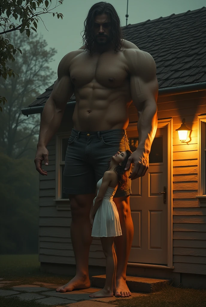a 20 year old towering 15 meters tall giant woman, standing in front of her house, significantly taller than the door, with her very short and thin girlfriend, lifting and kissing her, muscular and powerful physique, dramatic lighting, photorealistic, highly detailed, cinematic composition, moody atmosphere, warm color palette