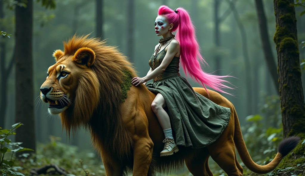 unreal woman with pink ponytail and clown makeup riding Japanese lion, 20s, moss growing on skin, disgusting, dirty