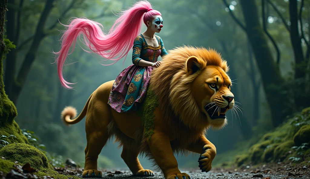 unreal woman with pink ponytail and clown makeup riding Japanese lion, 20s, moss growing on skin, disgusting, dirty