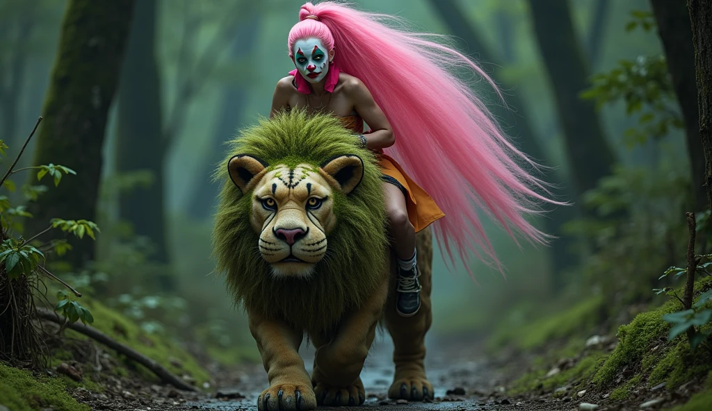 unreal woman with pink ponytail and clown makeup riding Japanese lion, 20s, moss growing on skin, disgusting, dirty