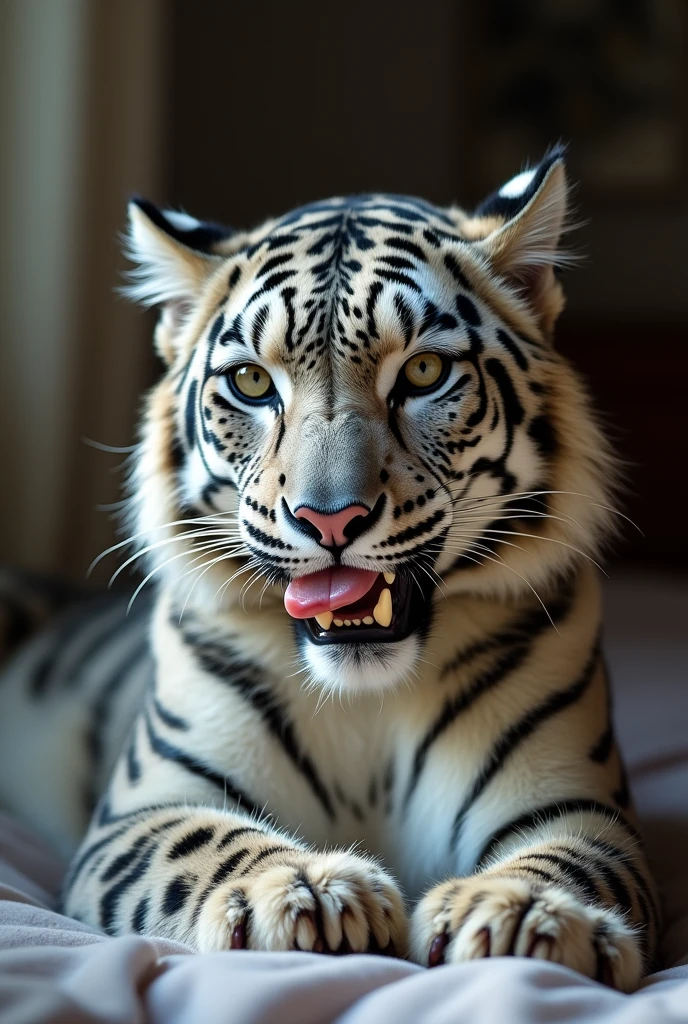 snow leopard, Sucking other tigers' penises, suck, , , detailed, detailed, In the bedroom, Dynamic Angle, close up, Zoom in on the face
