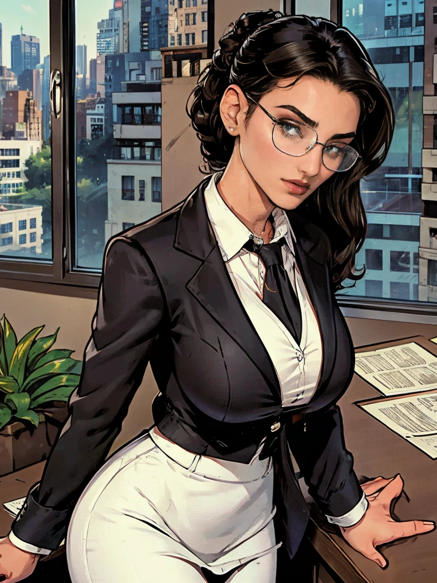 Gorgeous and sultry busty athletic (thin) brunette with sharp facial features and a (large nose) and (huge boobs) wearing a black blazer, white blouse and black pencil skirt, glasses, updo. Office, windows, cubicles, desks, potted plants, city background.