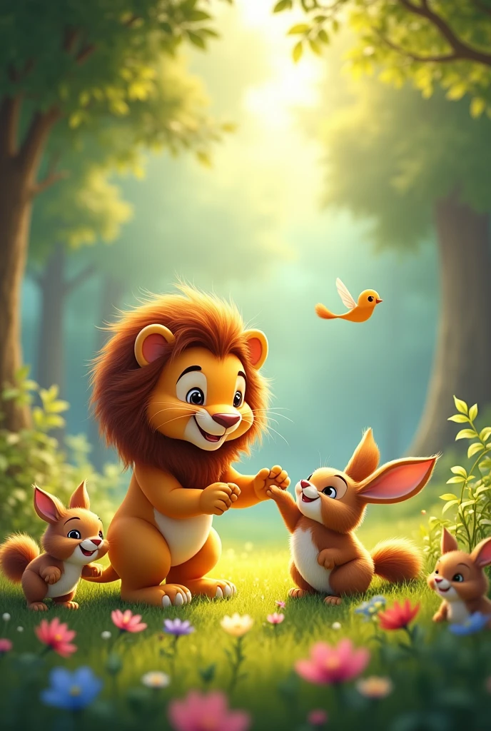 The little animals playing happily with the little lion, a teenager