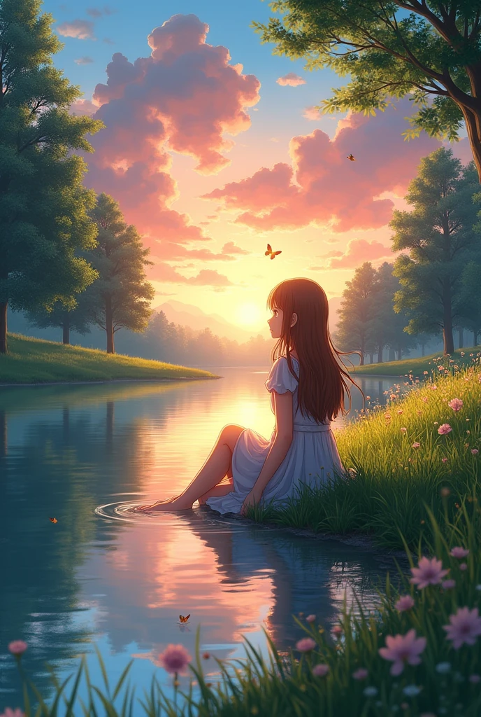 Anime scene: there is a very big lake beside a green land, a young adult girl is sitting on the land lowering her legs into the lake water,she is watching the sky, there are variant types of trees surround by the whole place, focus the girl picture has taken from the side of the girl make it more beautiful and add things