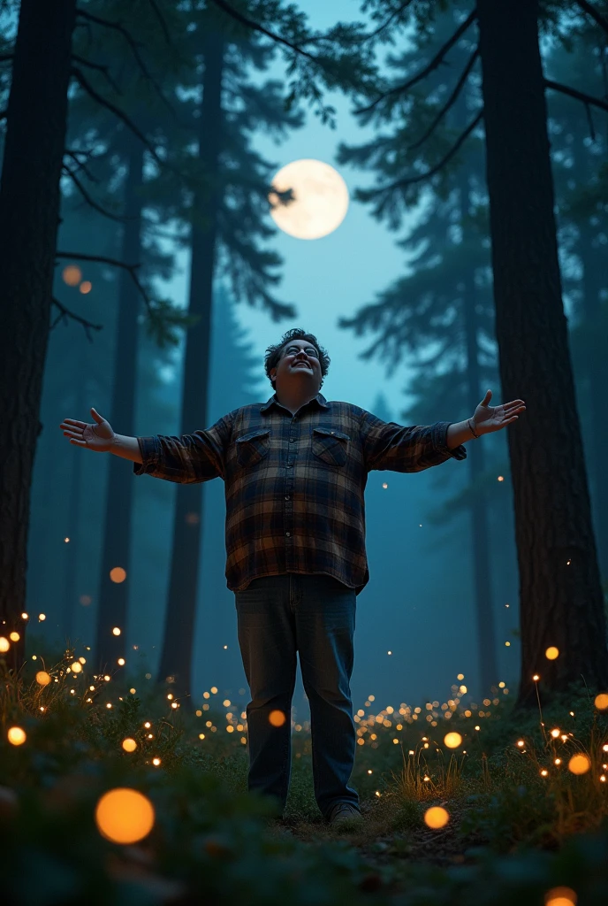 Slightly fat man spreads his arms in the night forest