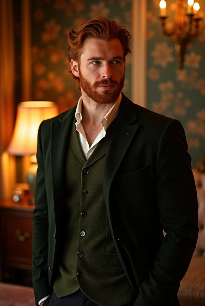 A tall red-haired man, handsome with neat hair and beard, amorous, careful 