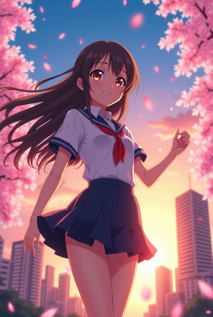 "Go Beyond! Plus Ultra!" - Featuring a determined anime schoolgirl character against a backdrop of cityscape and sakura blossoms.