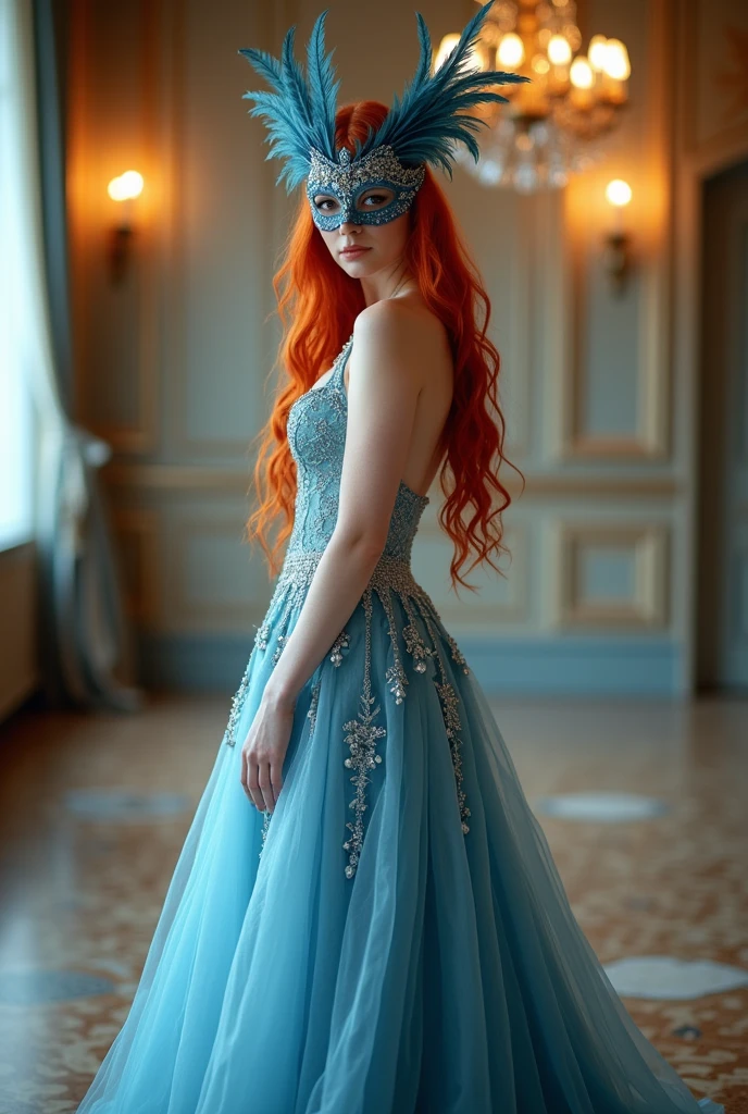 Redhead woman in long blue dress and mask, fully body , front-facing