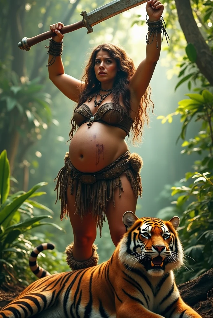 pregnant chubby barbarian woman slays tiger