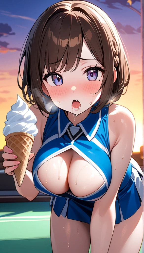 (1 person),(Best image quality, 8k, masterpiece:1.3), Anatomically correct, ((Brown hair bob cut:1.1)),(Swept-apart bangs,), (Cute eyes, Dark Eyes), (Mole under right eye), (thin), (Large Breasts),(Glowing Skin:1.1),(Pale skin:1.2),(Fantasyな雰囲気),(look up),Ultra-high resolution, Textured skin, Sparkle Effect, Fantasy,Bright Eyes,

Black lace panties,Cheerleader,Braid, Ribbon on head, Wet body,Sweat,

Blue cheer uniform,mini skirt,belly button,Cleavage,Panty shot,

Eat soft serve ice cream,On all fours,Saliva stringing,Duck mouth,



evening,School classroom,Sunset, Drooling, Heavy breathing, Raise your eyebrows, Food is on the face, 