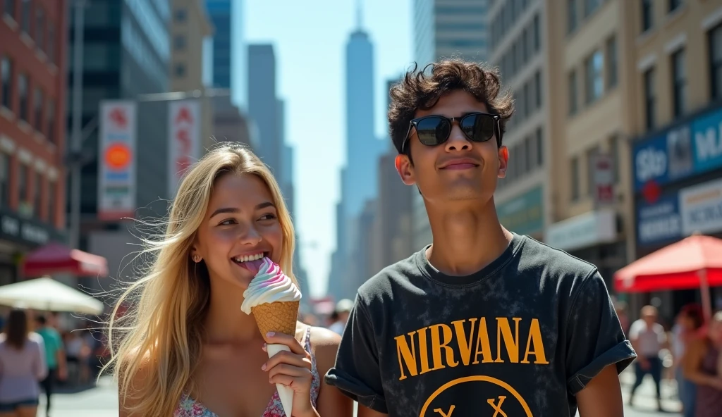 original photo. A young Indonesian man wearing a black Nirvana t-shirt. Walking beside him was a young European woman with blonde hair wearing casual clothes holding and licking an ice cream cone with her tongue sticking out. atmosphere. New York City. Ultra-realistic 8K photo, taken with Leica Q2, strong color contrast and sharp clarity --ar 9:16 --quality 2 --