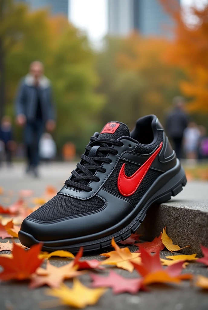 Create a casual tennis shoe in all black with the logo being a red phoenix
