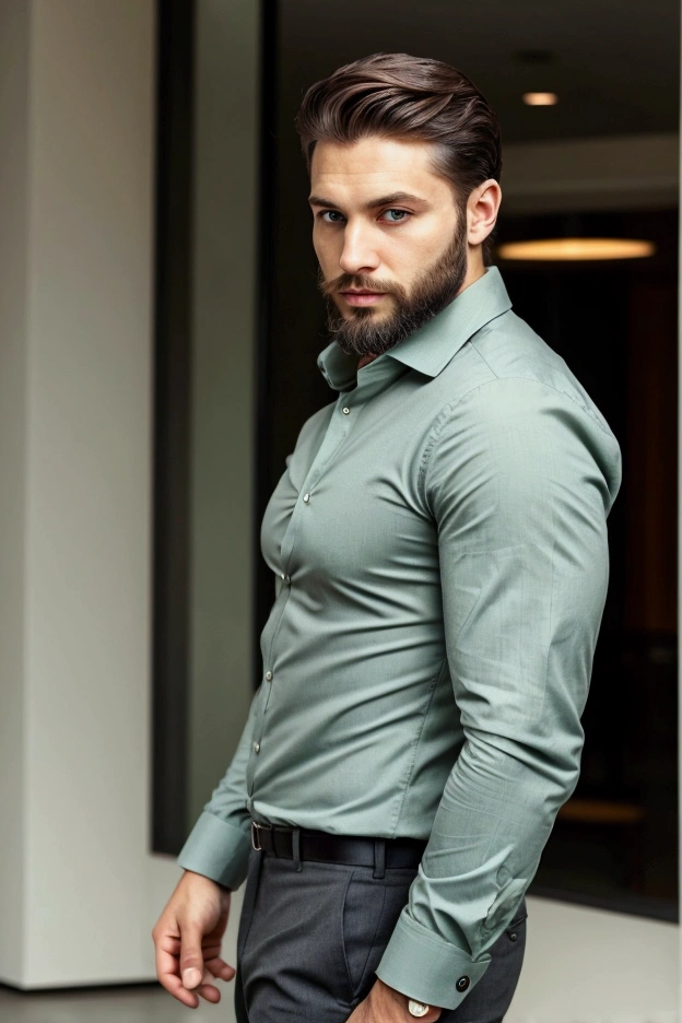 A man with a beard , dark green eyes , with a casual and formal outfit , business guy style 