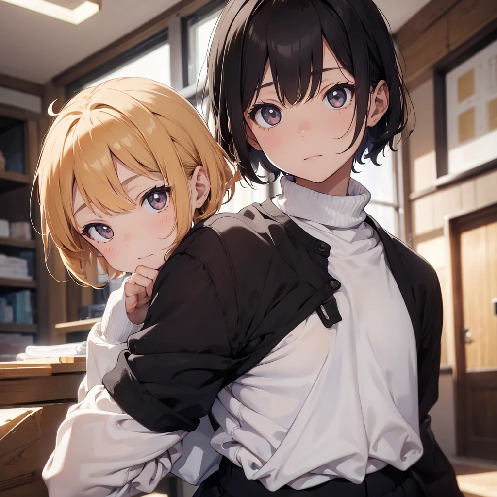 Boy with honey colored eyes, white turtleneck long sleeve shirt, black short sleeve shirt