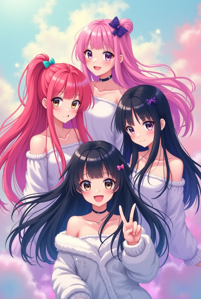 Cinq fille une au cheveux rose trois au cheveux longs et noir et une au cheveux noir mais cour portant un pull a poil blanc les autres sont nu
en style manga