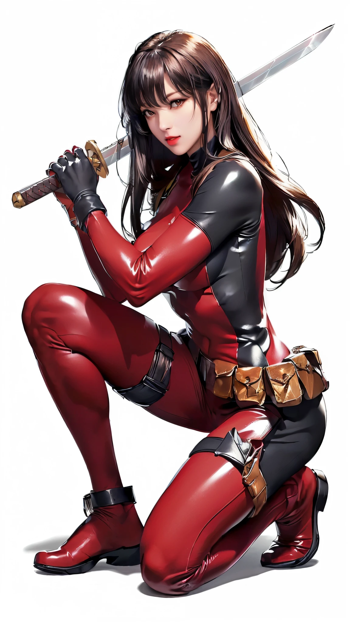 (（（Perfect body,White and tender skin,（（（BodySuit_lady_deadpool_ownwaifu，bodysuit, skin tight, superhero, Belt Pouch, utility belt, red bodysuit, gloves, weapon on back, thigh pouch, thigh strap, thigh holster, belt buckle, turtleneck, ）））,（（（ailisha，Black long hair, super long hair, slanted bangs, brown eyes, red lips））），((masterpiece)),high resolution, ((Best quality at best)),masterpiece,quality,Best quality,（（（ Exquisite facial features,Looking at the audience,There is light in the eyes,Smile））），whole body, Crouch and swing the sword, Hold the sword correctly）））,（（（Light and shadow,Huge breasts，）））,（（（Looking at the camera,White background,)））)