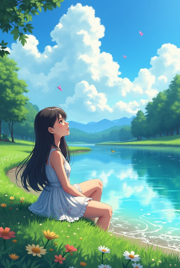 Anime scene: there is a very big lake beside a green land, a young adult girl is sitting on the land lowering her legs into the lake water,she is watching the sky, there are variant types of trees surround by the whole place, focus the girl picture has taken from the side of the girl make it more beautiful and add things
