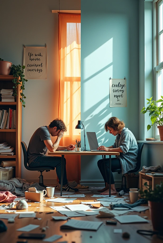 Split-screen image of a person's messy reality vs. their perfect expectations.