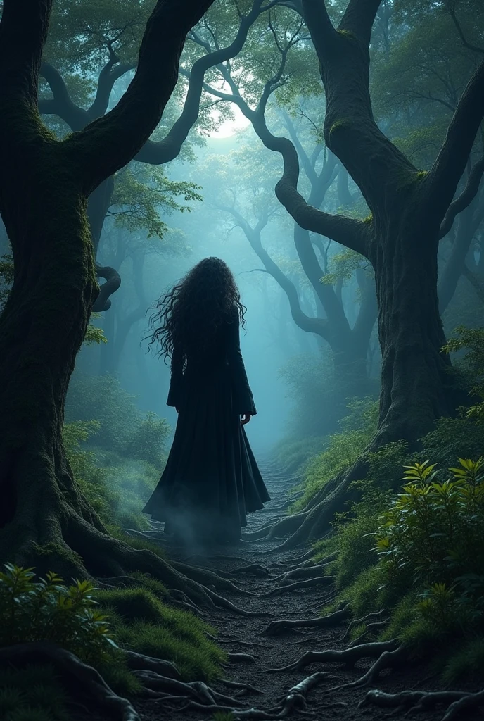 , very curly long hair, forest, dark fantasy, 