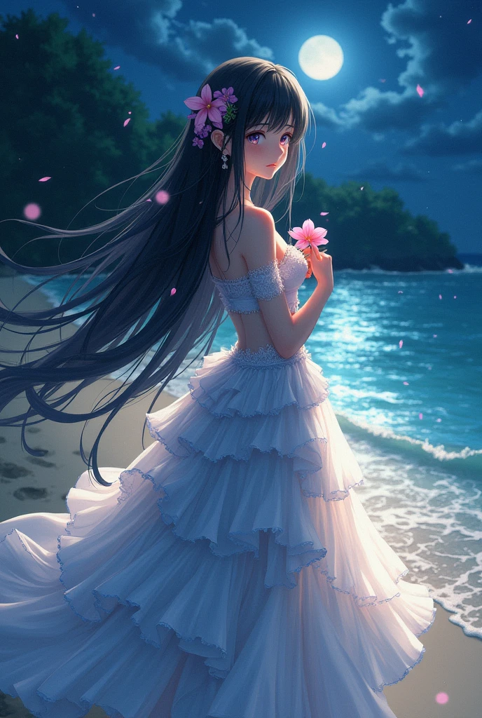 (masterpiece,Highest quality,,8k,High resolution),One female,(Beautiful Face,Beautiful Face)Beautiful eyes,Beautiful lips,,Black Hair,look back,(Anime Girl)、flower,Sandy beach with a view of the forest,A bright night with stars visible,Mysterious Light、Very Mystical、jewelry,Holding,Long sleeve,necklace,Long Hair,dress,(whole body),Highly detailed anime art,A complete portrayal、