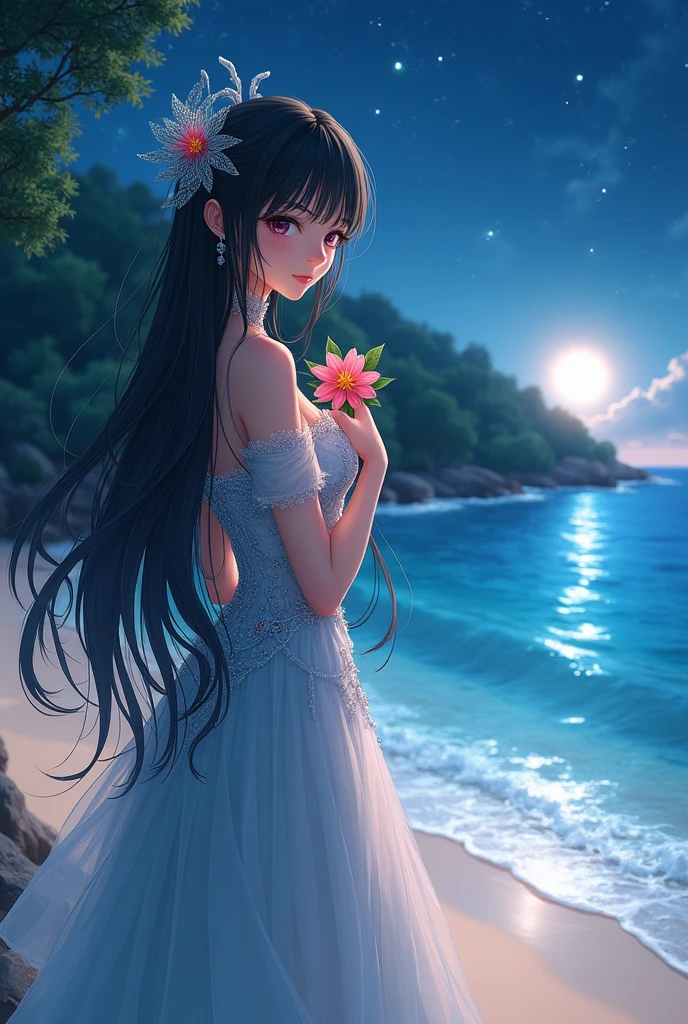 (masterpiece,Highest quality,,8k,High resolution),One female,(Beautiful Face,Beautiful Face)Beautiful eyes,Beautiful lips,,Black Hair,look back,(Anime Girl)、flower,Sandy beach with a view of the forest,A bright night with stars visible,Mysterious Light、Very Mystical、jewelry,Holding,Long sleeve,necklace,Long Hair,dress,(whole body),Highly detailed anime art,A complete portrayal、