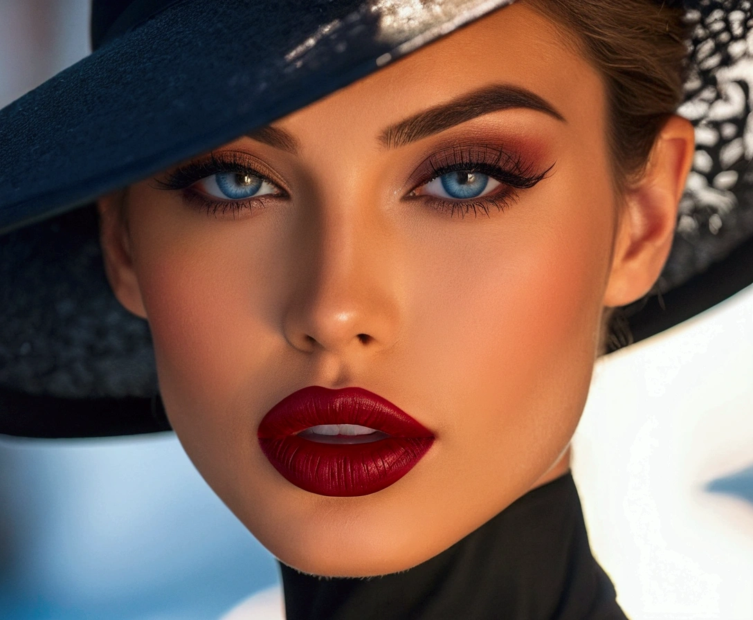 araffed woman without a hat, no hat, lipstick on her lips, bright blue eyes, sexy face with full makeup, deep red lips, perfect face ), red lipstick on face, sexy red lips, dark red lips, thick red lips, luscious red lips, with parted lips and stunning, beautiful lips, red lips, fashion model face, detailed face with red lips, jaw dropping beauty