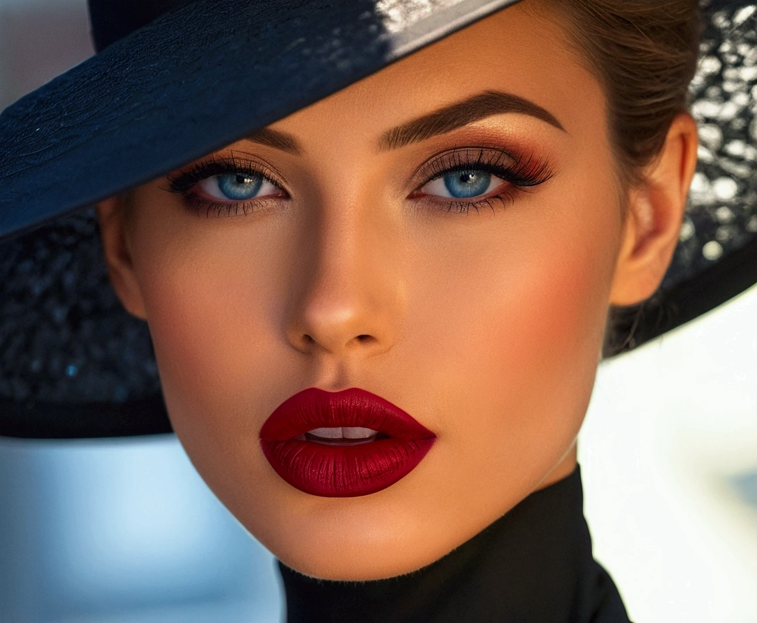 araffed woman without a hat, no hat, lipstick on her lips, bright blue eyes, sexy face with full makeup, deep red lips, perfect face ), red lipstick on face, sexy red lips, dark red lips, thick red lips, luscious red lips, with parted lips and stunning, beautiful lips, red lips, fashion model face, detailed face with red lips, jaw dropping beauty