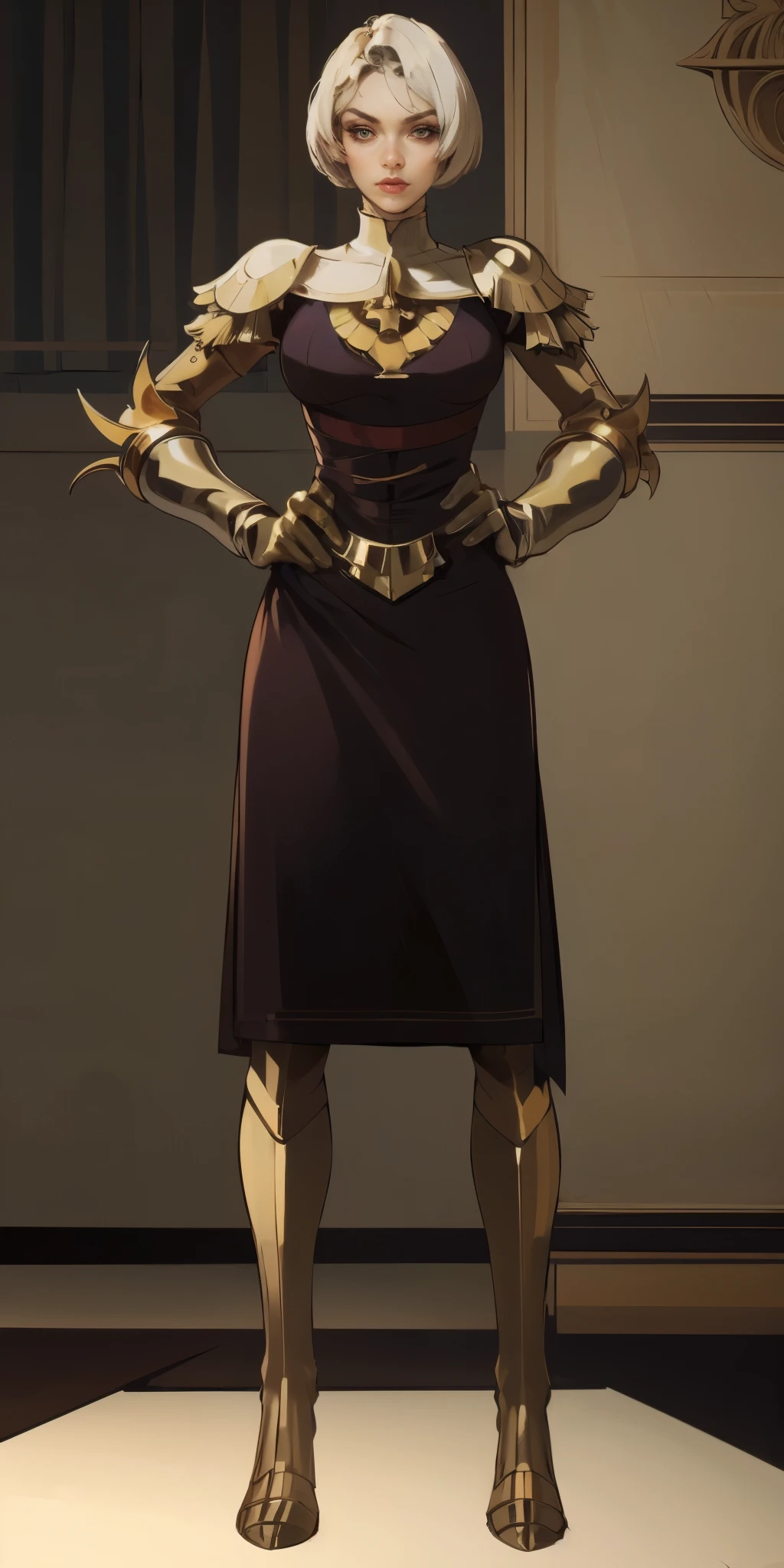 masterpiece, best quality, high quality, pale white short bob haircut, red eyes, golden ornaments (1solofemale full body standing straight symmetrical, hands on hips)