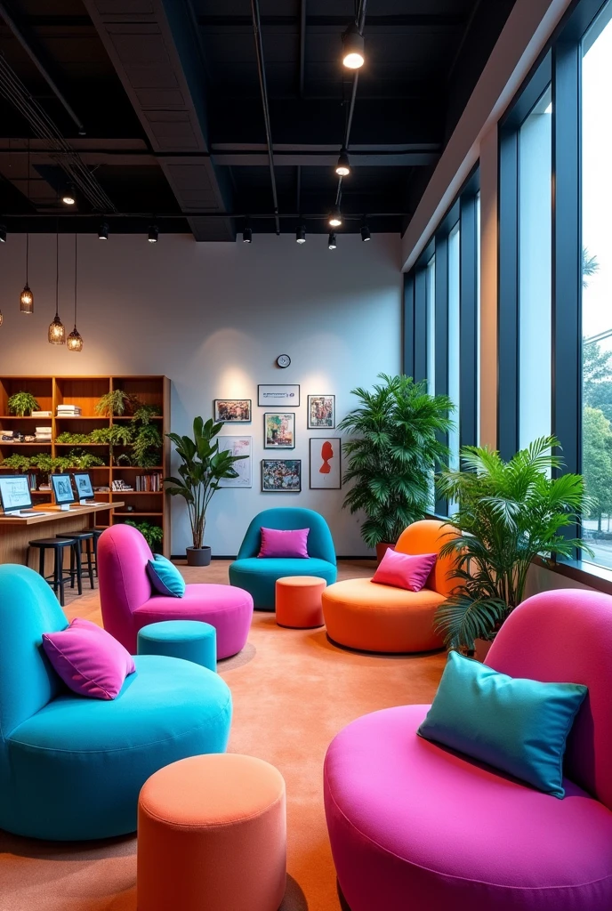 Graphic agency store waiting area with sofa chairs and plants with gradient shades of blue, orange and fuchsia then a reception bar for customer service with graphic design computers this bar prevents the passage of unauthorized personnel and in the back only for authorized personnel production workshop with many graphic arts printers and cutting tables the production workshop can be seen from the. waiting room