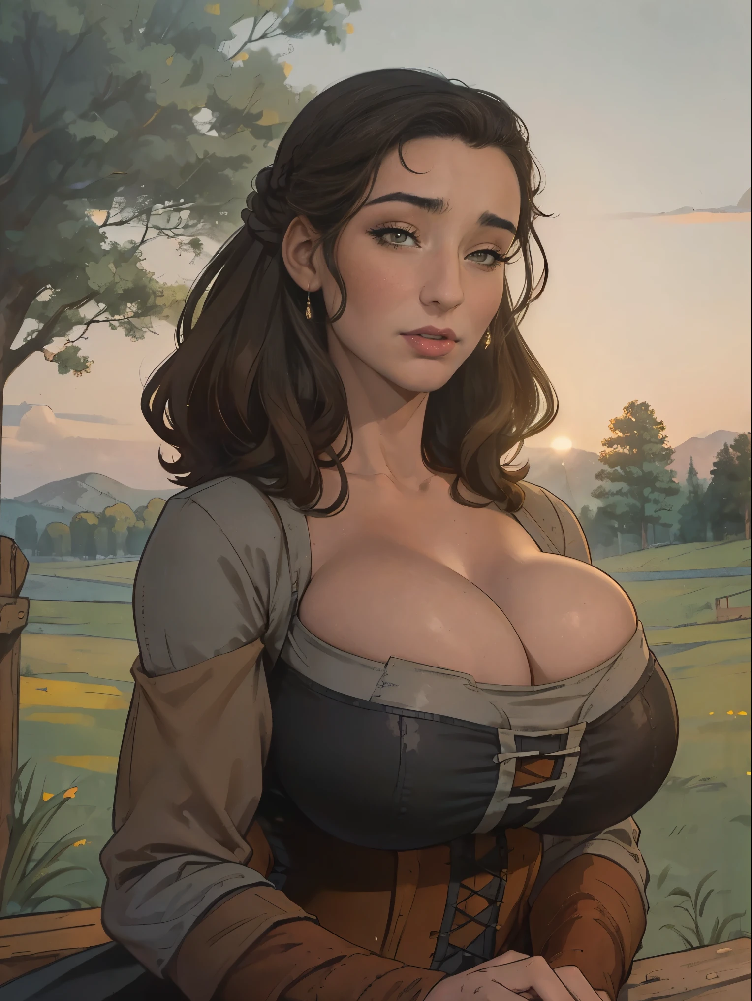 Gorgeous and sultry busty athletic (thin) brunette peasant with sharp facial features wearing a modest updo, medieval hair cover, rough-spun grey and brown medieval dress, long sleeves, wide neck, long dress, tight bodice, corset, Middle Ages, cottage, farm, exterior, trees, countryside, evening, sunset.