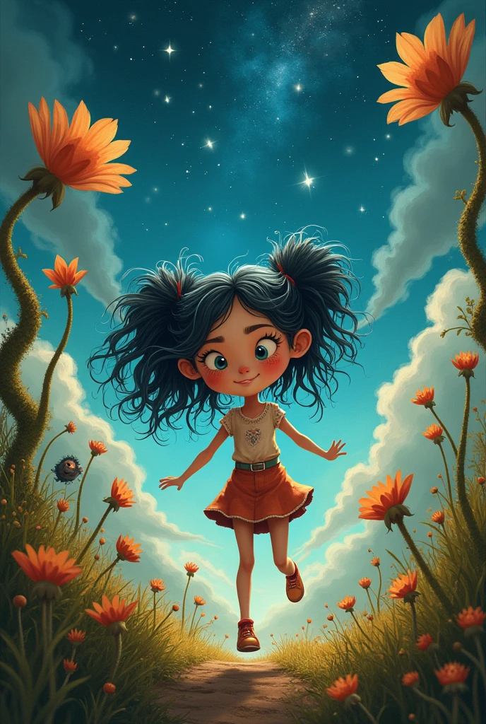 Make a girl like the movie Coraline, She has curly hair with several blue streaks, and has freckles on his nose
