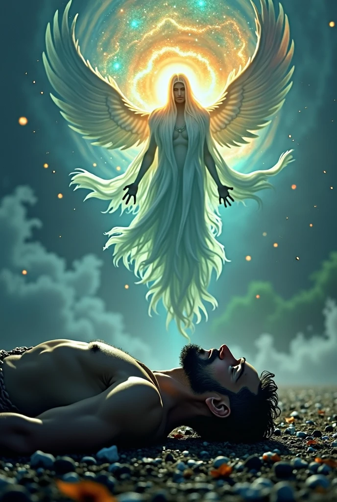 generate an image where a man is dying on the ground and from above a warrior spirit of life observes him, and 3d, 4k