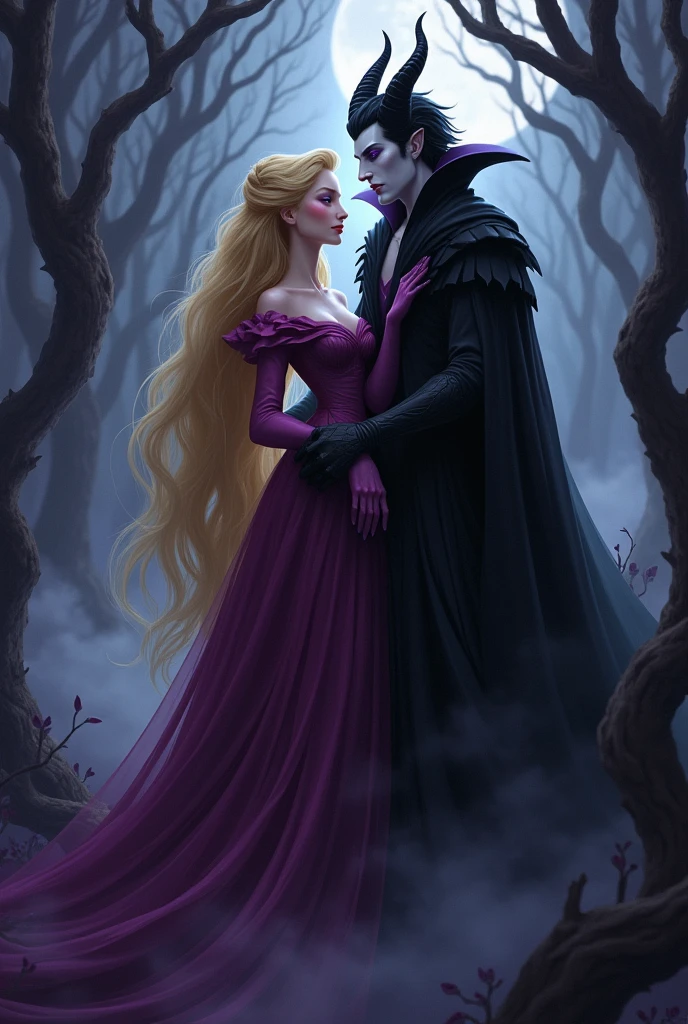Make a character similar to Sleeping Beauty, blonde golden hair, violet eyes, red and plump lips. Along with a character similar to the male version of Maleficent. Pale almost sickly, with horns and black hair similar to Malleus Dracconia from Twisted Wonderland, looking like a dark fairy. Make the illustration look like Dark Fantasy