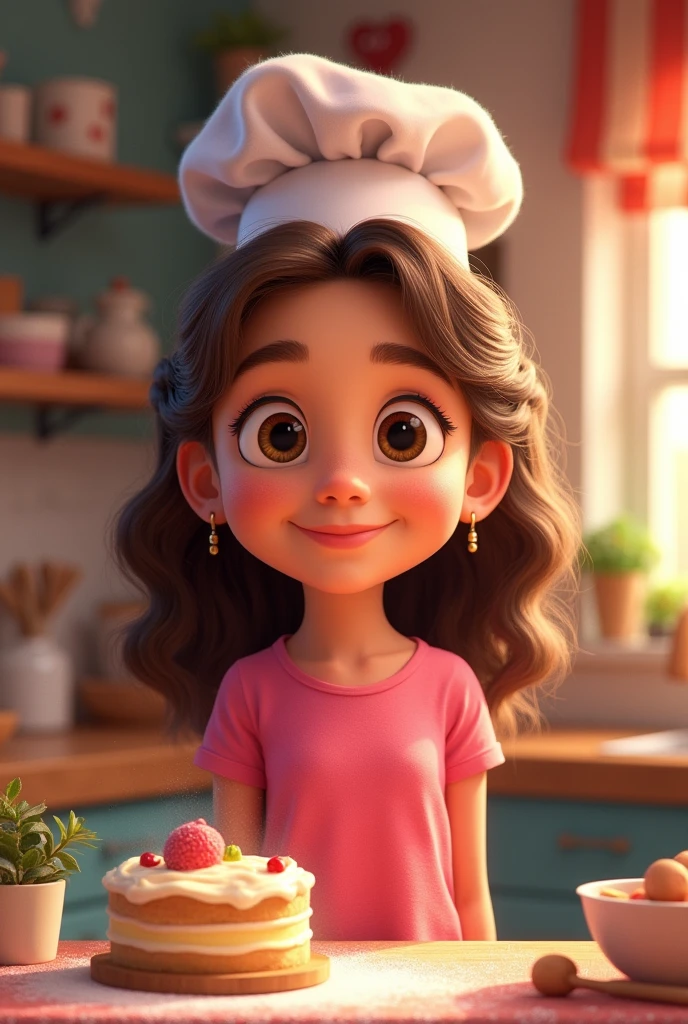 Create a Disney Pixar Poster. A GIRL with a chef&#39;s hat. This one has LIGHT brown hair, LONG WAVY HAIR, is smiling happily, brown dark eyes, small eyes. She wears small earrings. she has white skin. This one is wearing a pink shirt. She is making a CAKE AT HOME..