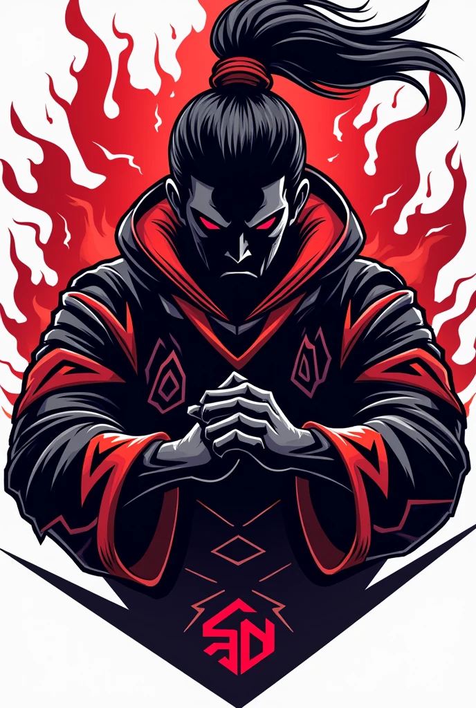 Generate a logo for a clan called SN E-SPORT with a character in the background detailed with black and red