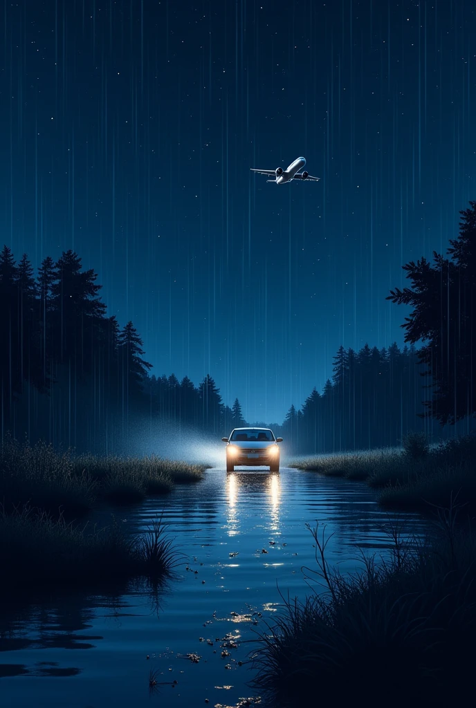 Creating an image based on the theme of your poem involves capturing the sensory experiences and emotions described. Imagine a scene where various elements of the poem come together:
Background: A night-time setting with a dark sky, possibly dotted with stars.
Foreground:
Insects: Silhouettes of insects buzzing around in the lower part of the image, with a faint, glowing effect to suggest their nocturnal activity.
Rain: Gentle rain falling from the sky, creating ripples on a nearby puddle or wet surface.
Tires: A car tire splashing through a puddle, sending water droplets into the air.
Airplane: An airplane taking off in the distance, with its lights cutting through the dark sky.
Details: Incorporate subtle textures and layers to represent the sounds—soft, wavy lines for the insect trills, ripples for the rain, and dynamic, dispersing splashes for the tire.