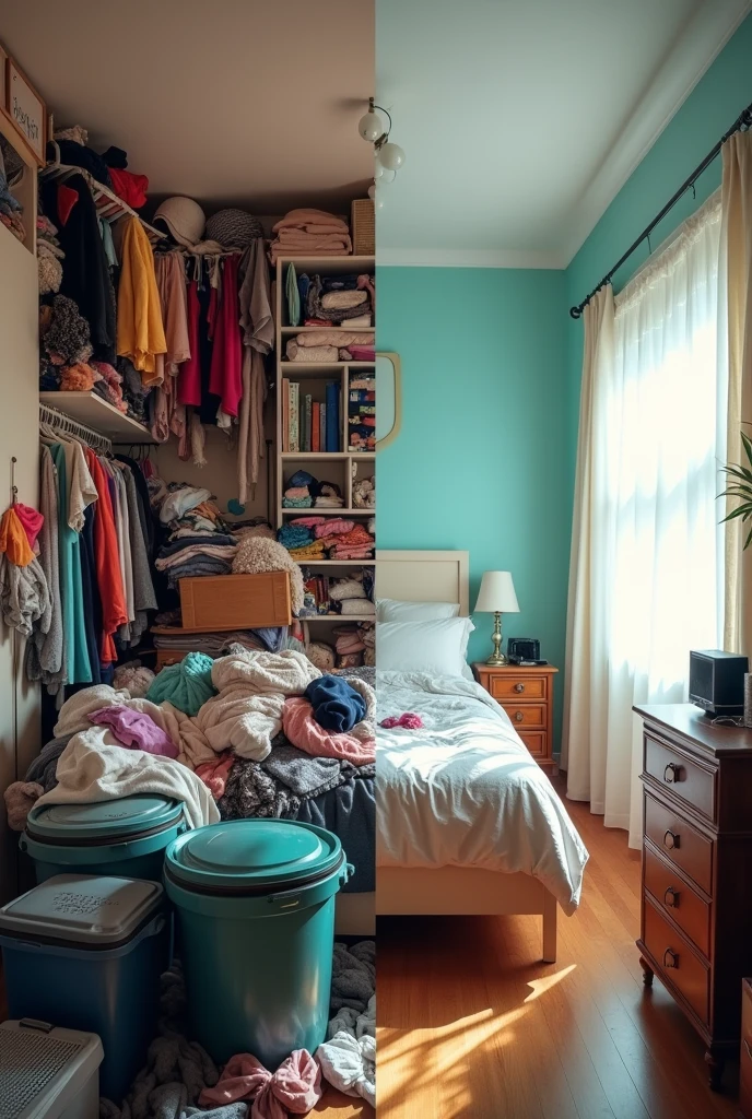 Split-screen image of a person's messy reality vs. their perfect expectations.