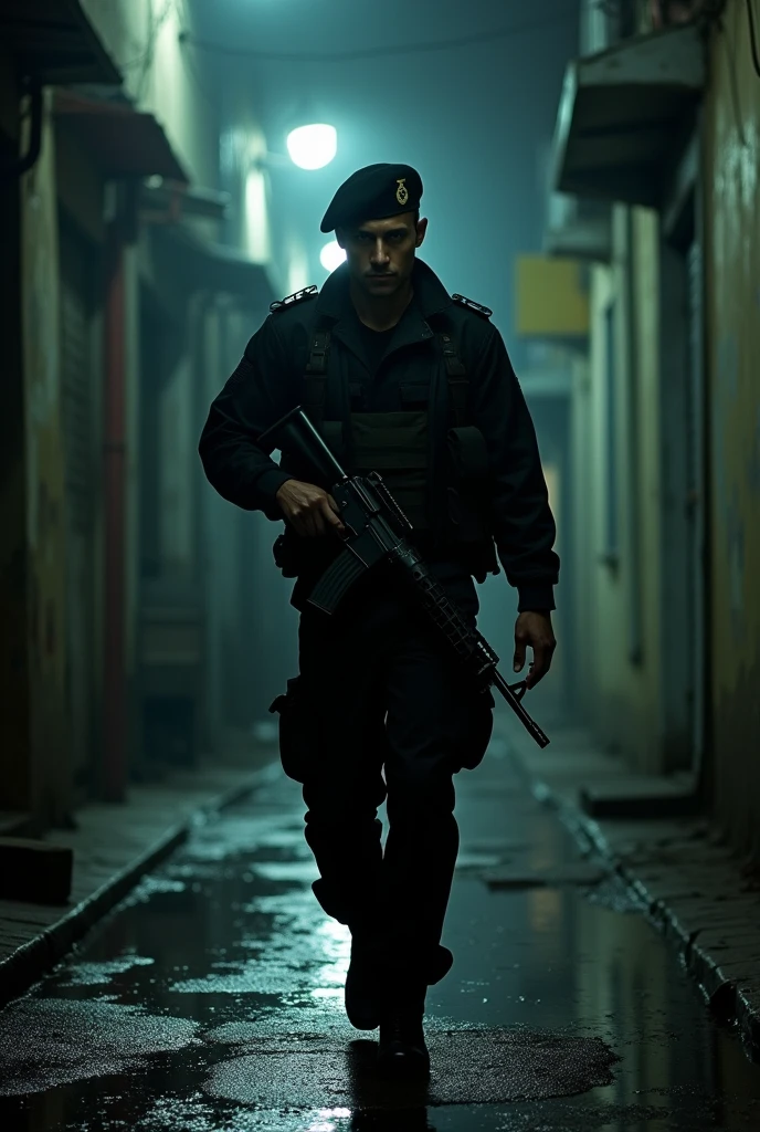 {{{masterpiece}}}, {{detailed}}, {detailed background}, {best quality}, high quality, high-definition, 4K, lights, glares, {detailed eyes}, a brazilian military man with short hair, with a black beret covering part of one of his eyes, wearing a black military uniform, holding a high caliber weapon in his hands, walking down a very ugly alley, on a dark night but with a light illuminating it, with a straight face.