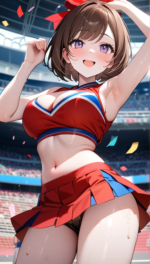 (1 person),(Best image quality, 8k, masterpiece:1.3), Anatomically correct, ((Brown hair bob cut:1.1)),(Swept-apart bangs,), (Cute eyes, Dark Eyes), (Mole under right eye), (thin), (Large Breasts),(Glowing Skin:1.1),(Pale skin:1.2),(Fantasyな雰囲気),(look up),Ultra-high resolution, Textured skin, Sparkle Effect, audienceを見つめる,Fantasy,Bright Eyes,

Black lace panties,Cheerleader,Braid, Big ribbon on head, Wet body,Sweat,

Blue and red cheer uniform,mini skirt,pom-pom,Confetti,Outdoor,Stadium,audience,Underarm、Raise your hand,belly button,Cleavage,

Accentuate your butt,Panty shot,Dancing,


smile,Back view, 