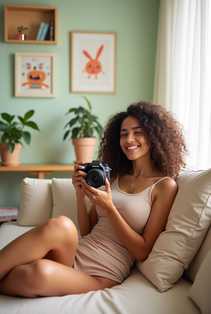 A brunette girl with curly hair and big breasts sits with her legs stretched out, taking a realistic photo