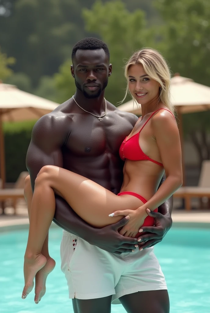 Magnificent detail, 8K Photos, hyper- realism, realistic background, visual depth, wide angle lens, professional light. {The scene shows a tall, strong black man, brawny, manly, masculine, 1,93m high, wearing white swim trunks, greatly enhancing the volume of your erect penis. Carrying a beautiful 23-year-old natural blonde in his arms, short, 1,56m, delicious. She wears a little red bikini. The woman is happy and excited. Your nipples show through your bikini.  The woman is very beautiful, and loves sex. The woman has a queen of spades tattoo on her butt. Water park scenario. 